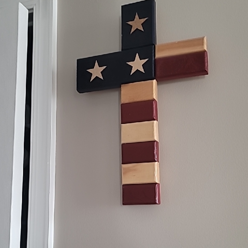 Patriotic Wooden Cross Wall Art in Navy, Maroon & Gold